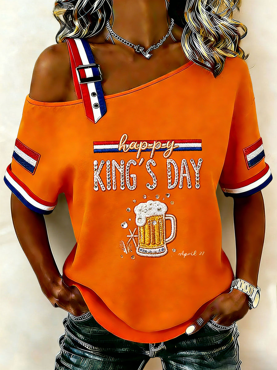 Dames vintage Nederlandse Koningsdag bier off-shoulder casual T-shirt