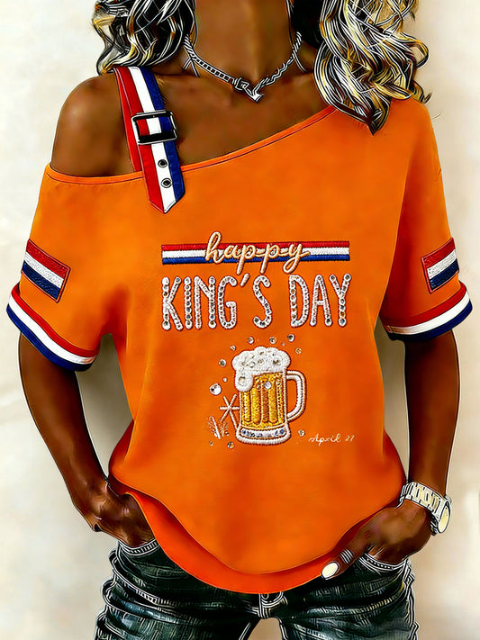 Dames vintage Nederlandse Koningsdag bier off-shoulder casual T-shirt