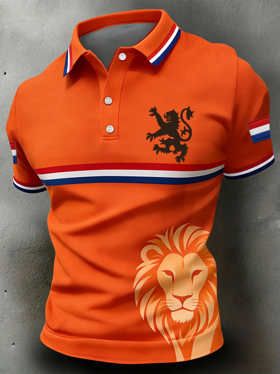 Retro Nederlandse Koningsdag Leeuw Patchwork Casual Poloshirt