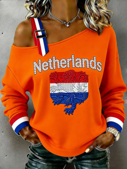 Dutch King's Day print off-shoulder sweatshirt