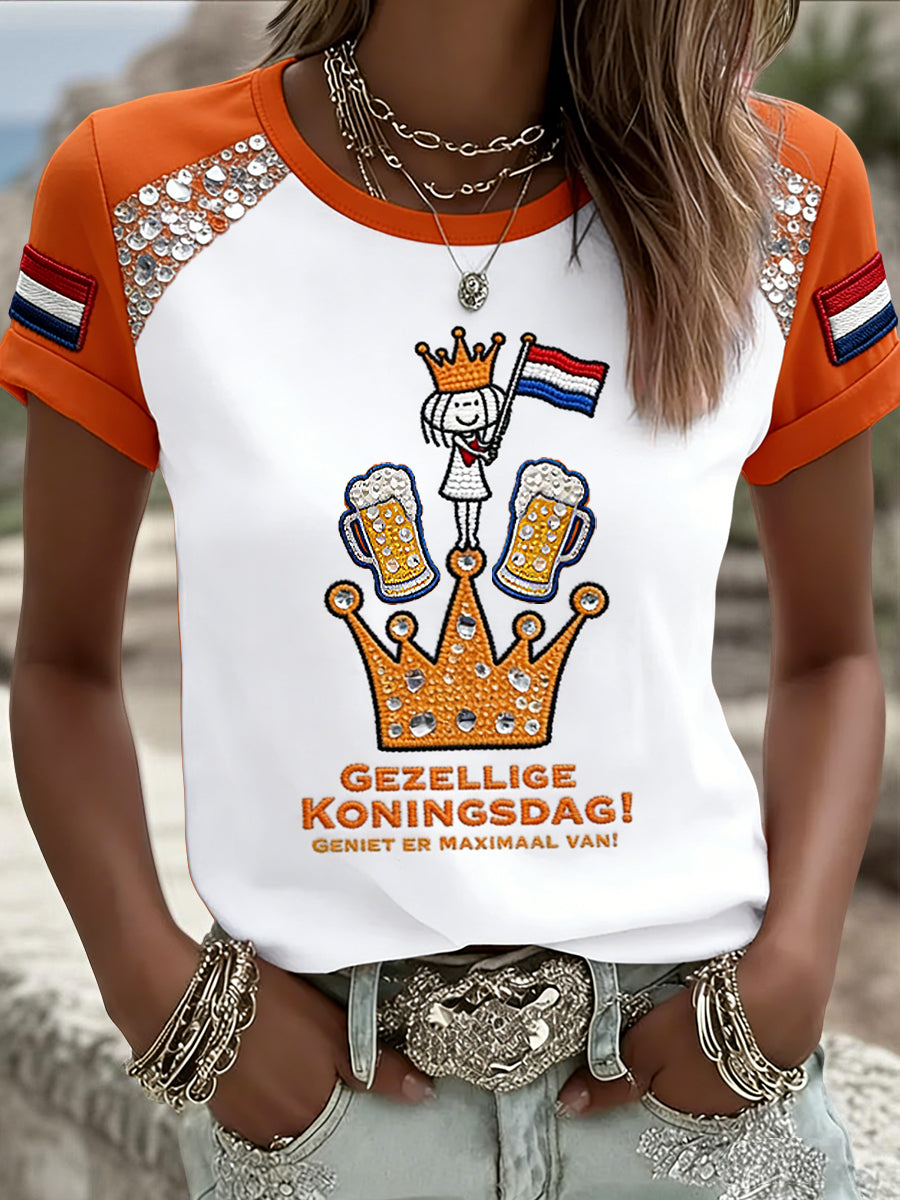 Dames Vintage Nederlandse Koningsdag Kroon Kunst Casual T-shirt