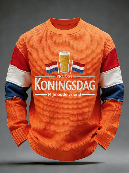 Retro Nederlandse Koningsdag Bier Viering Casual Waffle T-shirt