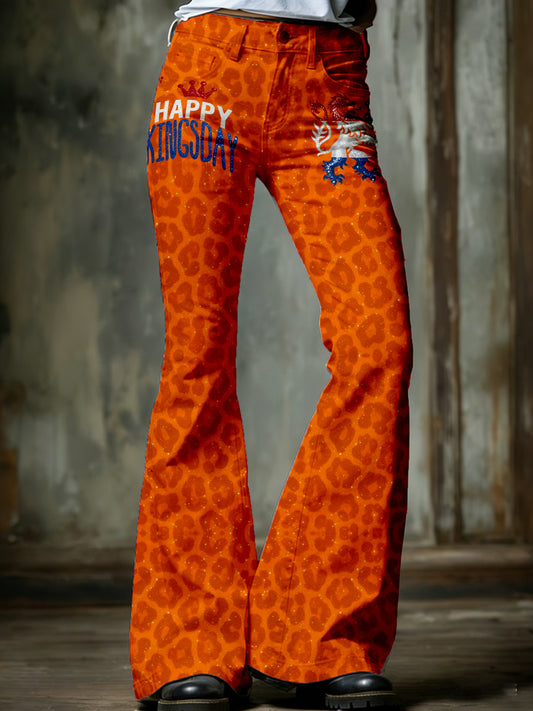 Damesbroeken met wijde pijpen en Koningsdagprint