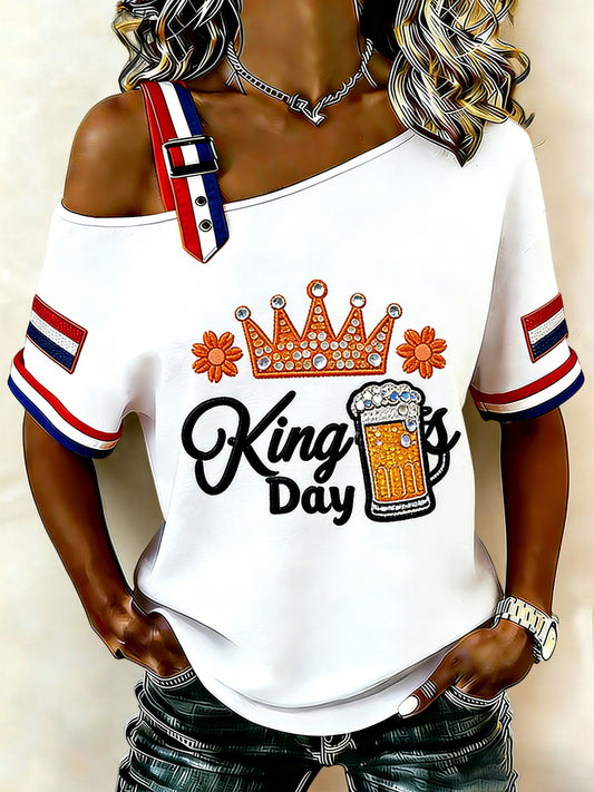 Dames Vintage Nederlandse Koningsdag Kroon Casual off-shoulder T-shirt