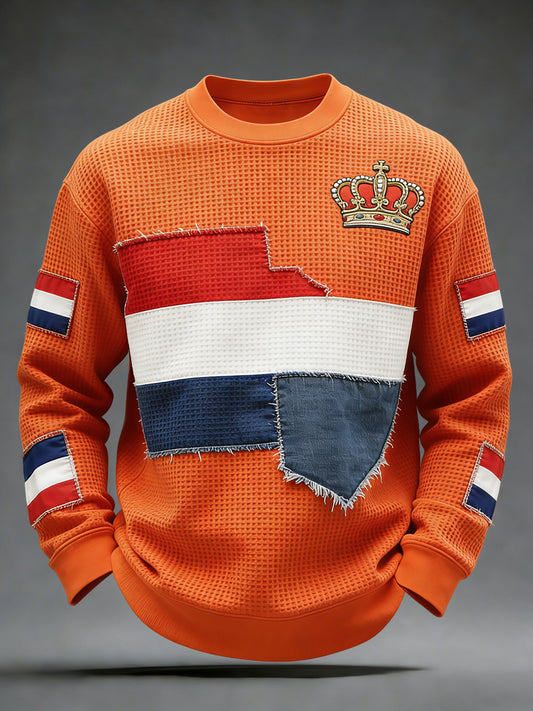 Retro Nederlandse Koningsdag Vlag Patchwork Casual Waffle Weave T-shirt