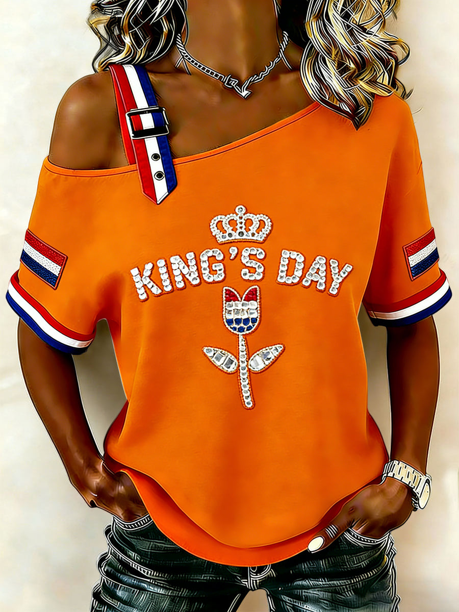 Dames Vintage Nederlandse Koningsdag Bloemen Casual Off-Schouder T-shirt