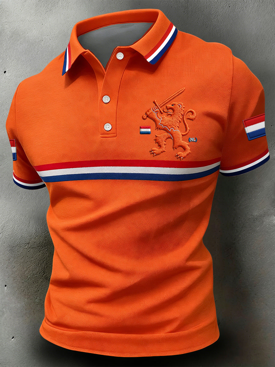 Retro Nederlandse Koningsdag Leeuw Embleem Casual Poloshirt