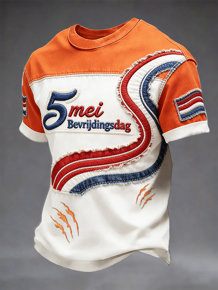 Heren Nederlandse Bevrldingsdag Geborduurd Patchwork 3D Gedrukt Casual T-shirt