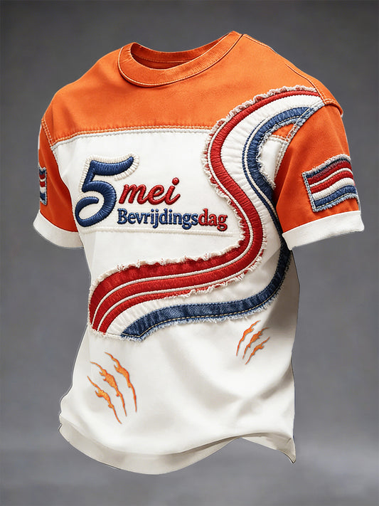 Heren Nederlandse Bevrldingsdag Geborduurd Patchwork 3D Gedrukt Casual T-shirt