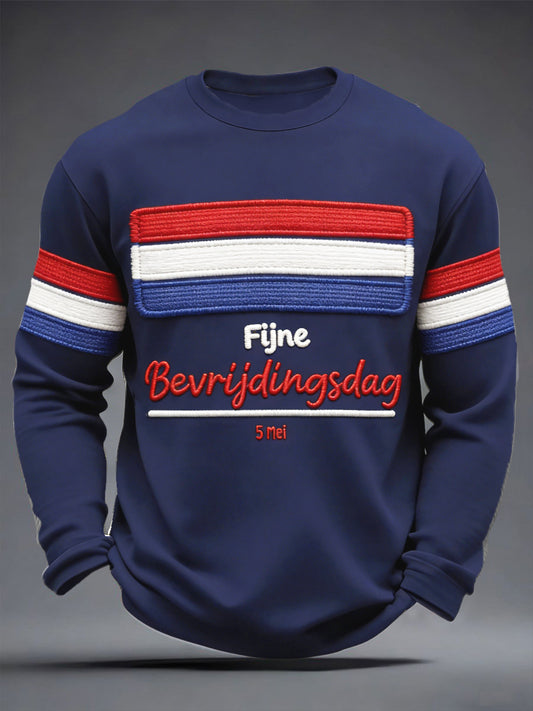 Heren Nederlandse Vlag Geborduurd Bevrldingsdag Print Marineblauw Casual T-shirt
