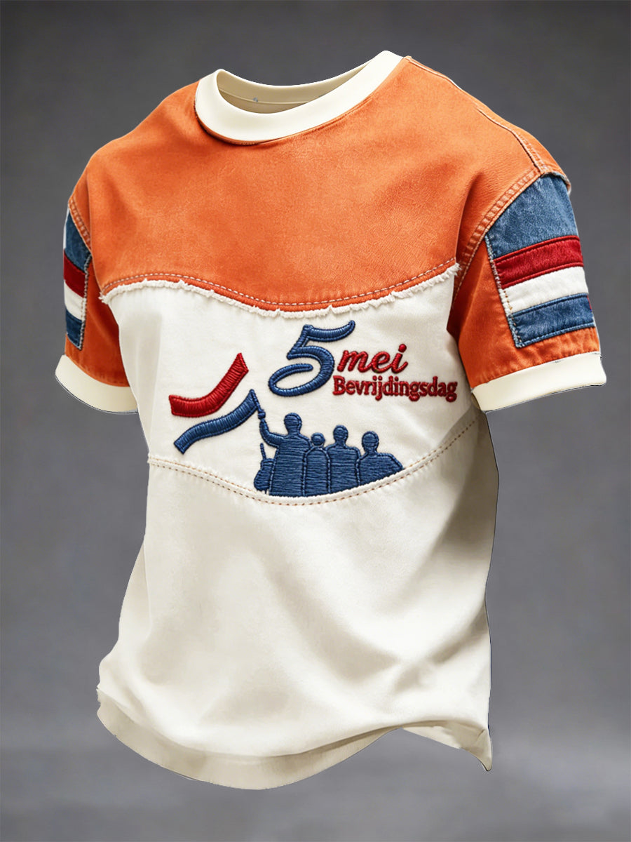 Nederlandse Vlag voor Heren Bevrldingsdag Patchwork Print Casual T-shirt