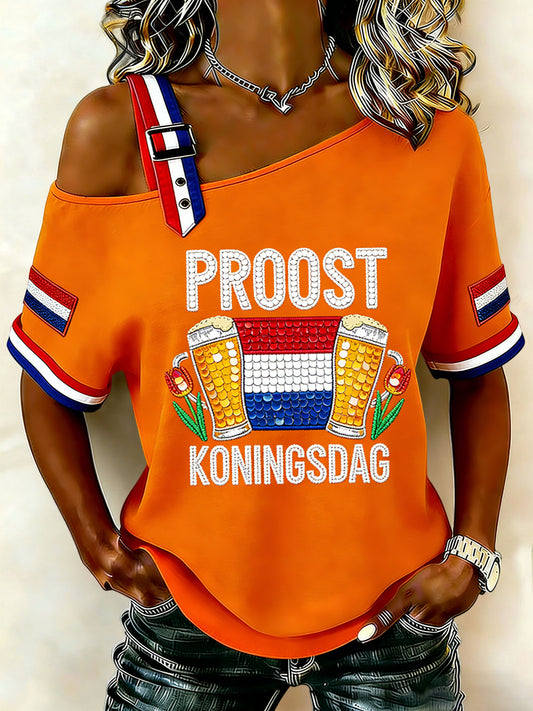 Dames Vintage Nederlandse Koningsdag Vlag Off-Shoulder T-shirt