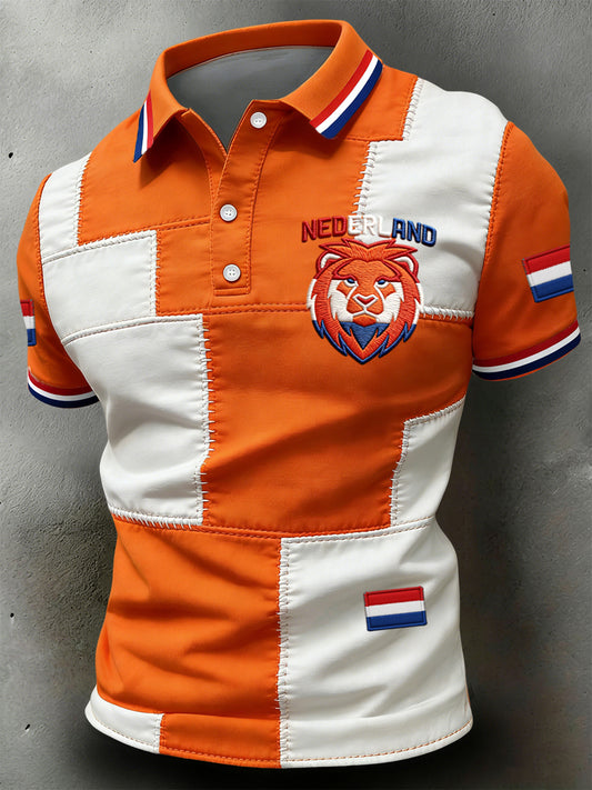 Retro Nederlandse koningsdag patchwork casual poloshirt
