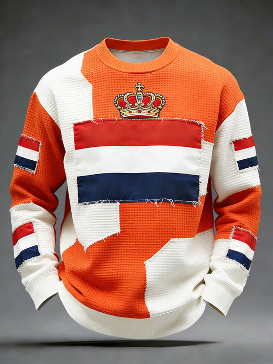 Retro Nederlandse Koningsdag Vlag Patchwork Casual Wafelweefsel T-shirt