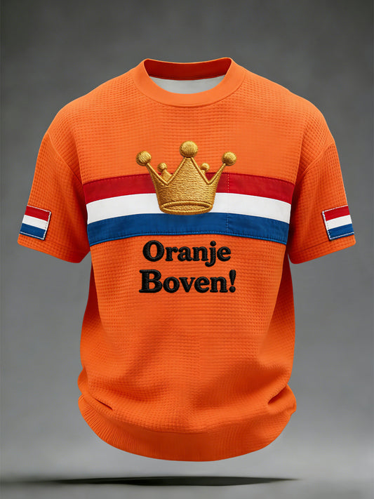 Retro Nederlands Koningsdag Kroon Casual Wafelweefsel T-shirt