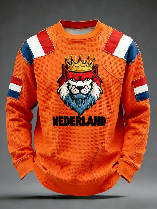 Retro Nederlandse Koningsdag Leeuwenvlag Casual Wafelweefsel T-shirt