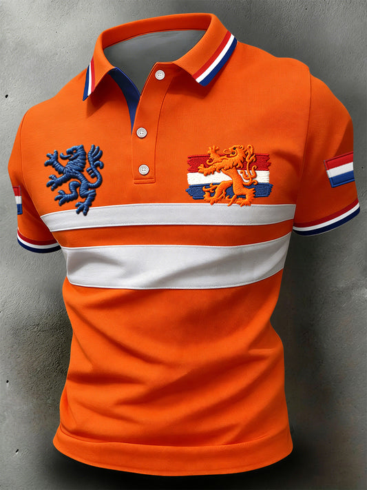 Retro Nederlandse Koningsdag Gestreept Patchwork Casual Poloshirt