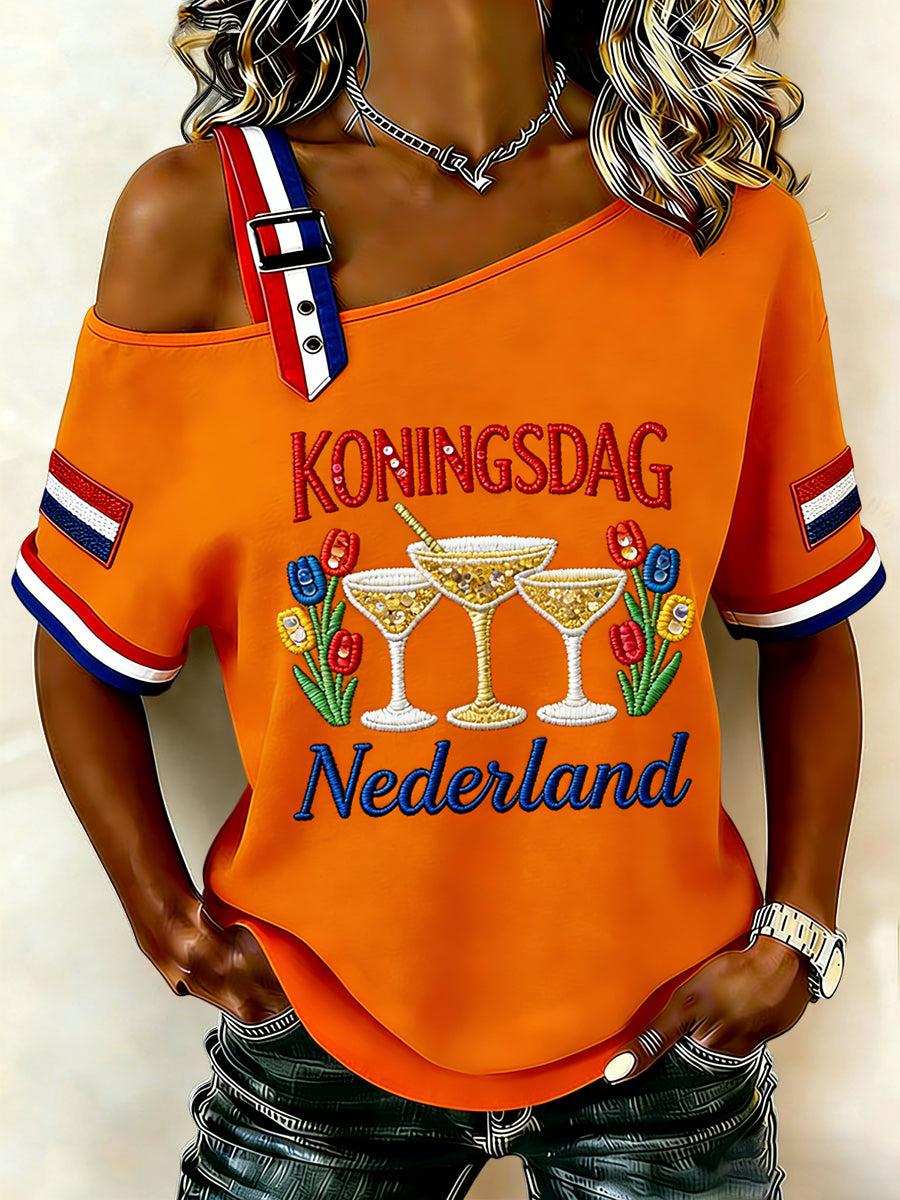 Dames vintage Nederlandse Koningsdag-tulpen casual off-shoulder t-shirt