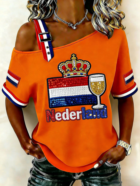 Dames vintage Nederlandse Koningsdagkroon casual off-shoulder t-shirt
