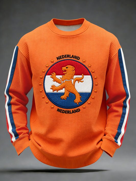 Retro Nederlandse Koningsdag vlag badge casual wafelweefsel T-shirt