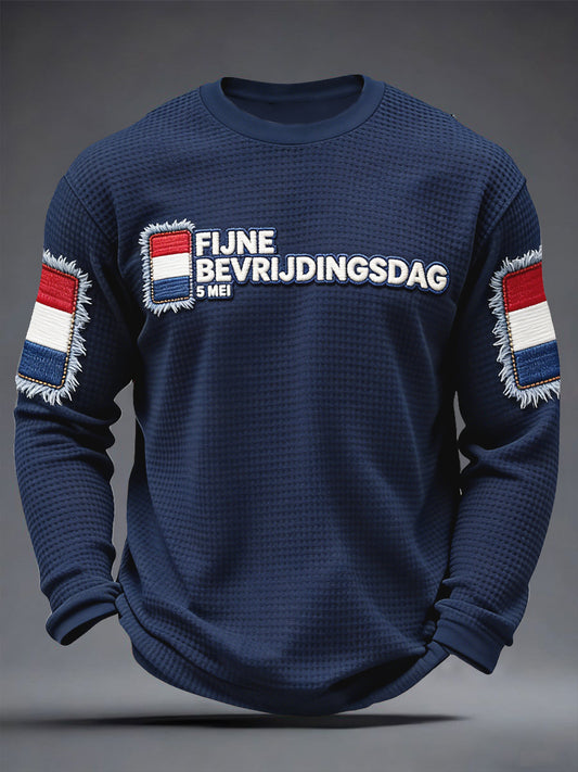 Heren Nederlandse Bevrijdingsdagprint Marineblauw Casual wafel T-shirt met lange mouwen