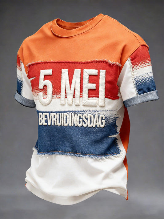 Nederlandse Vlag voor Heren Bevrijdingsdag Patchwork Print Casual T-shirt