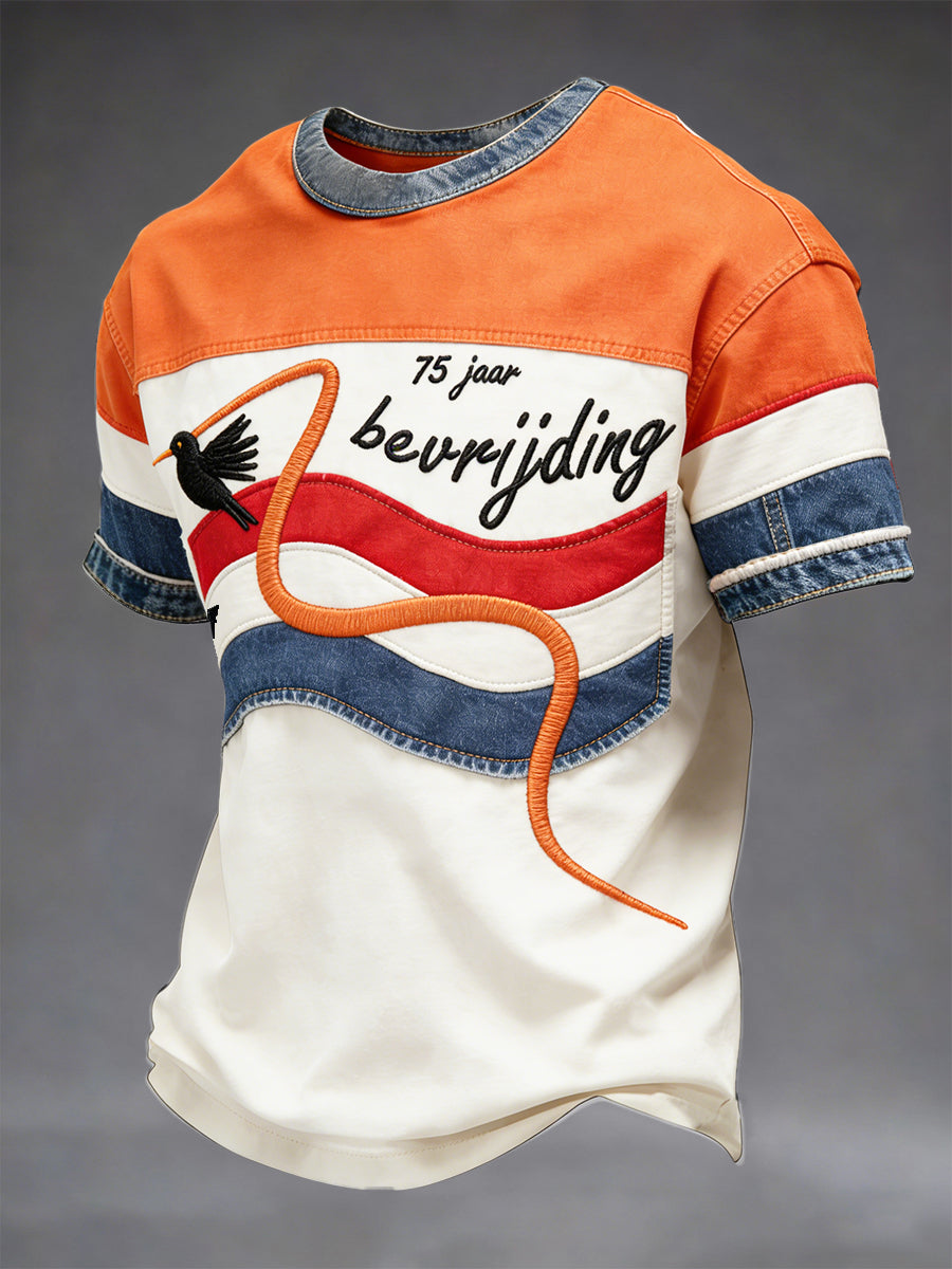 Nederlandse Bevrijdingsdag denim patchwork print casual T-shirt