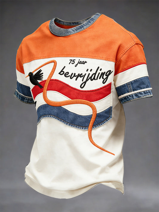 Nederlandse Bevrijdingsdag denim patchwork print casual T-shirt