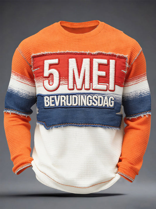 Nederlandse Vlag voor Heren Bevrijdingsdag Patchwork Print Casual T-shirt met lange mouwen