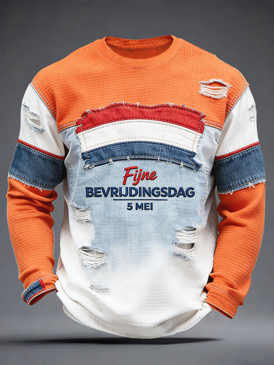 Heren Nederlandse Bevrijdingsdag versleten tweedelig print casual T-shirt met lange mouwen