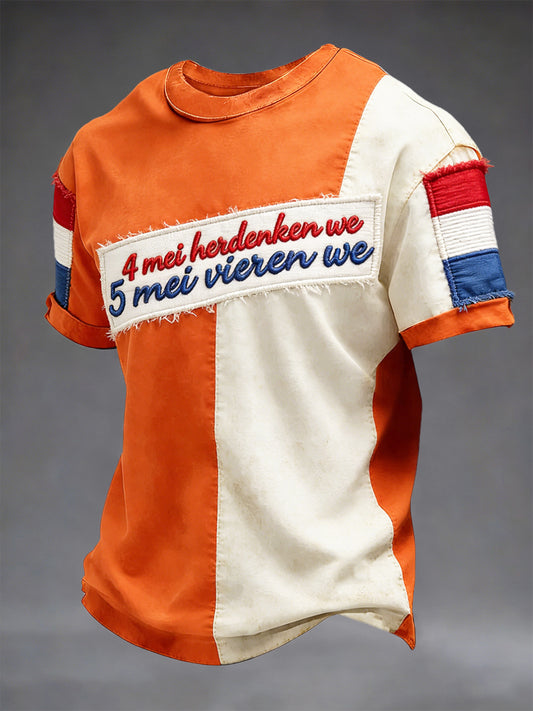Heren Nederlandse Bevrijdingsdag Patchwork Print Casual T-shirt