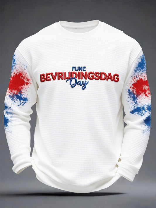 Heren Nederlandse Bevrijdingsdag-print wit casual wafelgeweven T-shirt met lange mouwen
