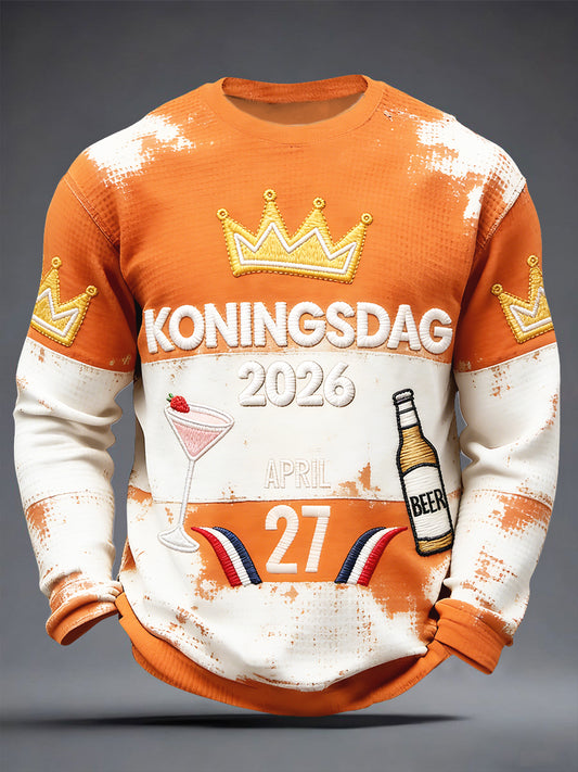 Nederlandse Koningsdag 2026 Vintage patchwork print T-shirt met lange mouwen