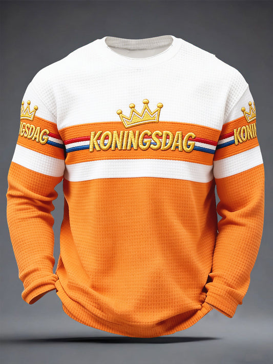 Heren Nederlands Koningsdag Gestreepte Print Casual Wafelweefsel T-shirt met Lange Mouwen