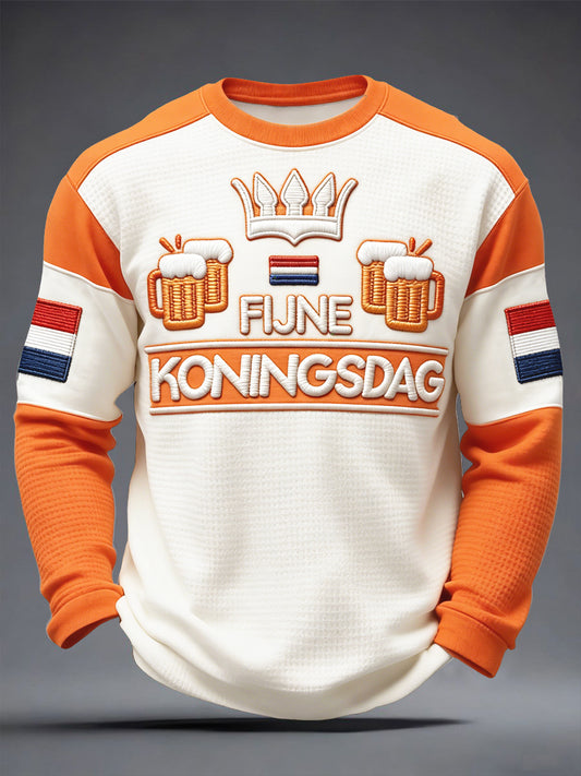 Heren Nederlandse Koningsdag bierprint casual wafelweefsel t-shirt met lange mouwen