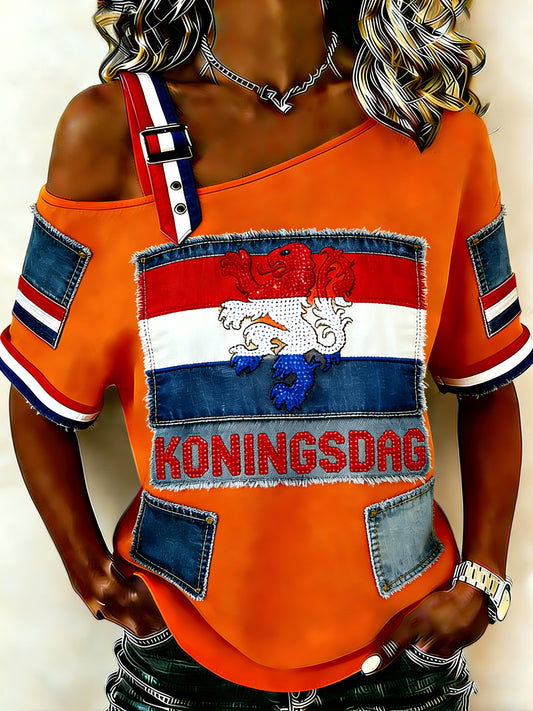Dames vintage off-shoulder top voor Nederlandse koningsdagvieringen