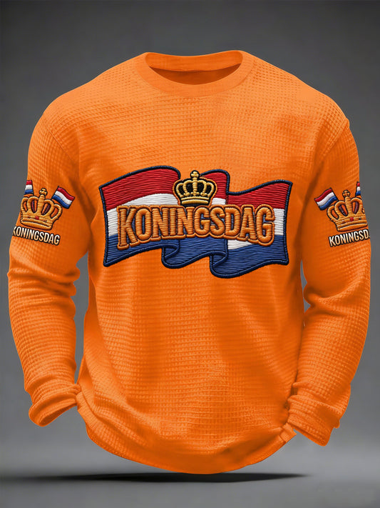 Heren Koningsdag print casual wafel lange mouw T-shirt