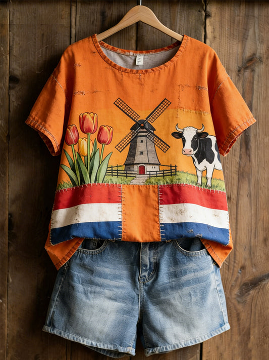 Dames Retro Nederlandse Culturele Symbolen Print Casual Shirt