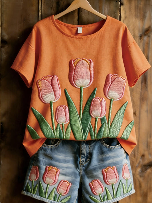 Damescasualt-shirt met bloemenpatchworkprint