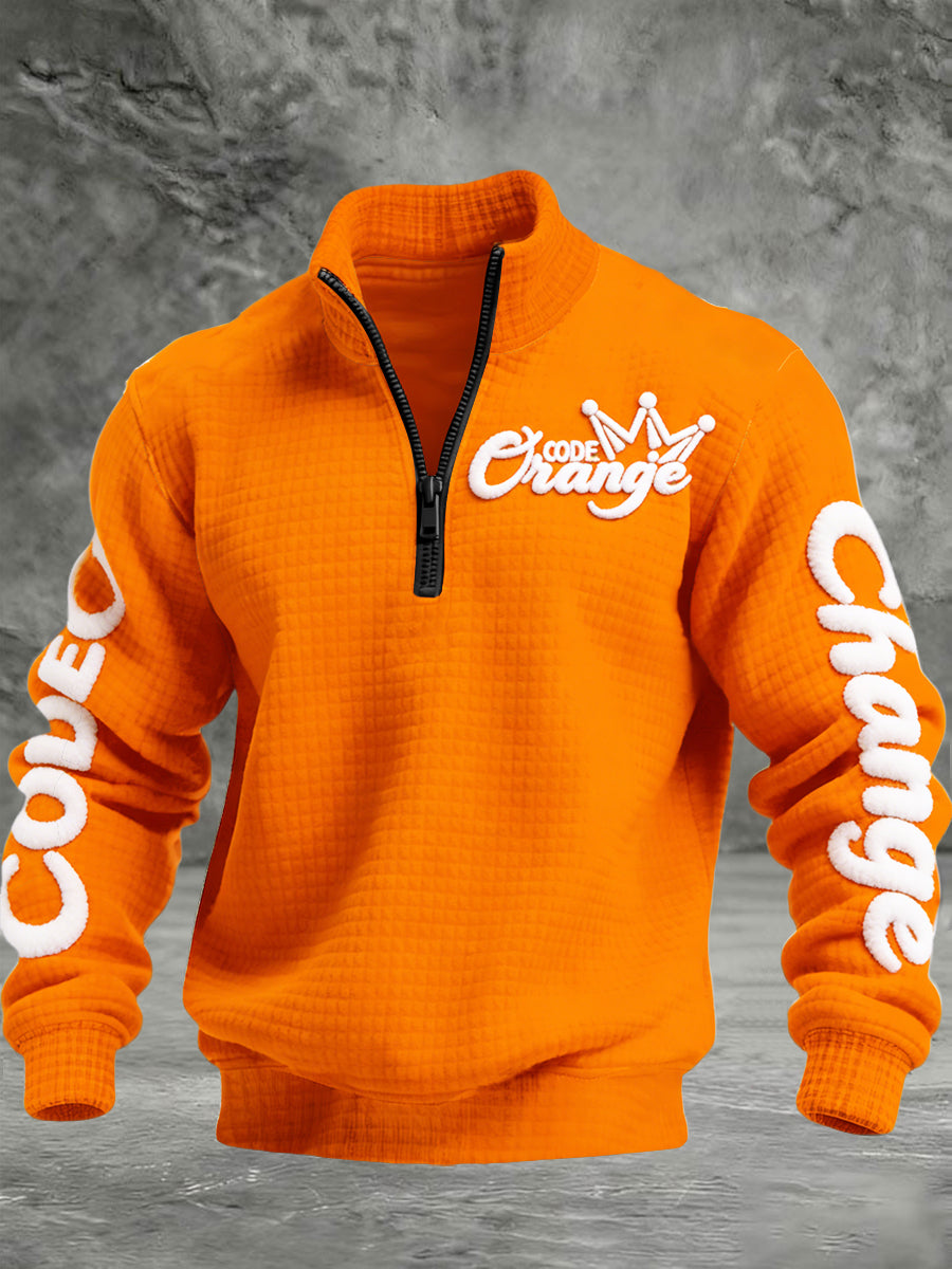 Heren Oranje Day Oranje bedrukt geruit katoenen casual sweatshirt met opstaande kraag