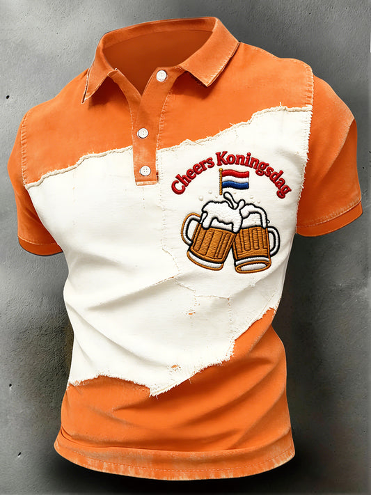 Heren Nederlandse Koningsdag bier patchwork print casual poloshirt