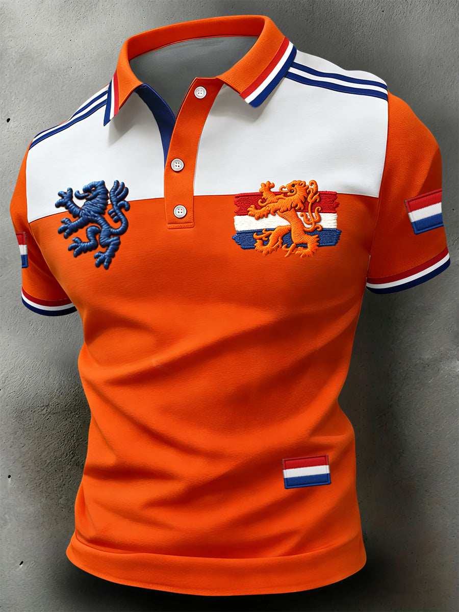 Retro Nederlandse koningsdag patchwork casual poloshirt