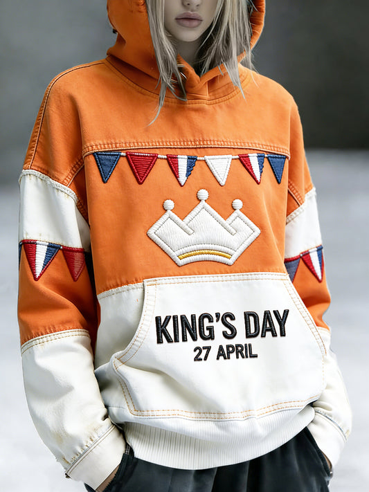 Dames Nederlandse koningsdag patchwork print casual sweatshirt met capuchon