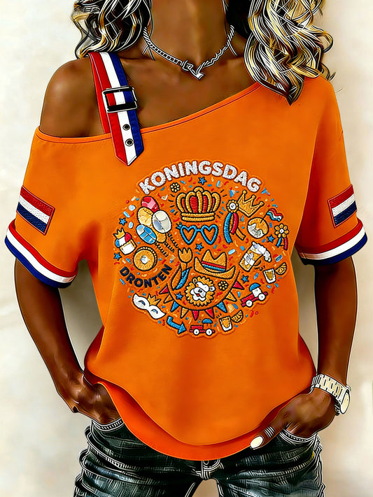Dames Vintage Nederlandse Koningsdag Viering Casual off-shoulder T-shirt