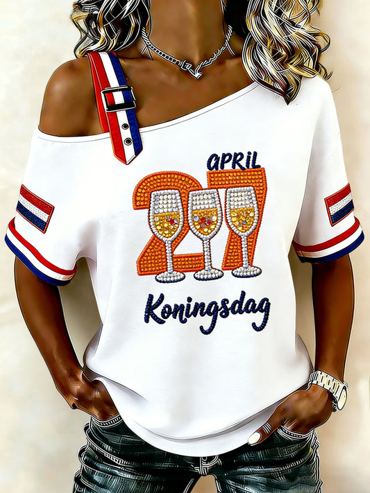 Dames Vintage Nederlandse Koningsdag Vlag Viering Off-Schouder T-shirt