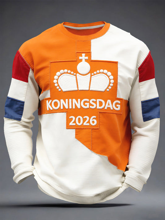 Heren Nederlandse Koningsdag Kroon Patchwork Print Casual T-shirt met lange mouwen