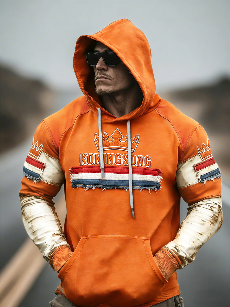 Dutch Koningsdag Vintage patchwork print Raglan sweatshirt met capuchon