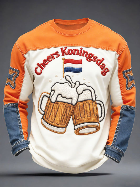Nederland Koningsdag bierprint denim patchwork casual T-shirt met lange mouwen