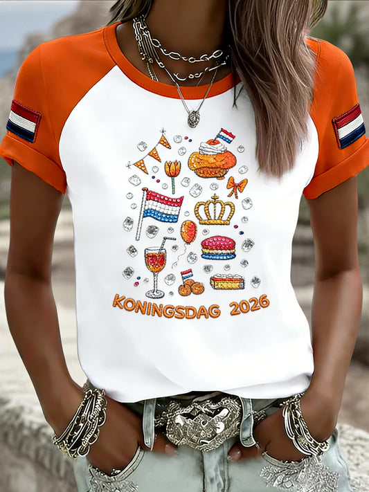 Dames vintage Nederlandse Koningsdag-viering casual T-shirt