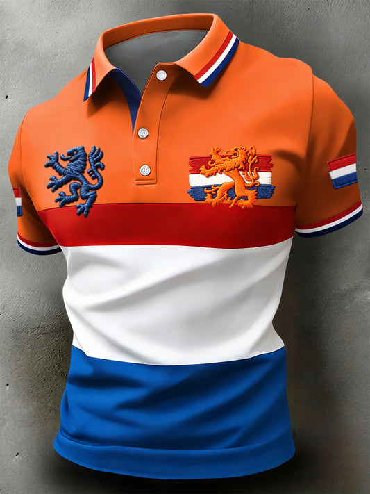 Retro Nederlandse Koningsdag Vlag Patchwork Casual Poloshirt